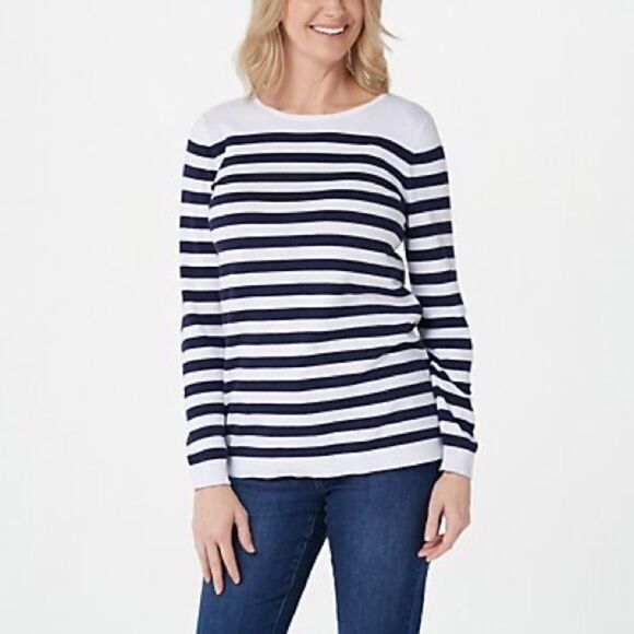 Susan Graver Back Button Detail Striped Sweater - Picture 1 of 6